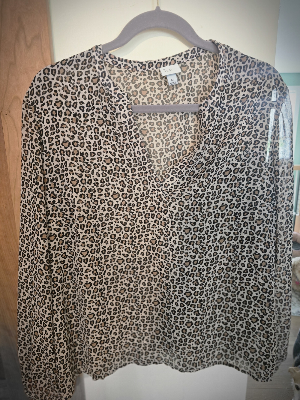 a new day Leopard Print V-Neck Long Sleeve Blouse in Tan and Black